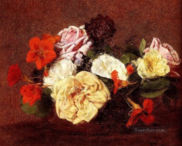 Bouquet Of Roses And Nasturtiums Henri Fantin Latour Oil Paintings